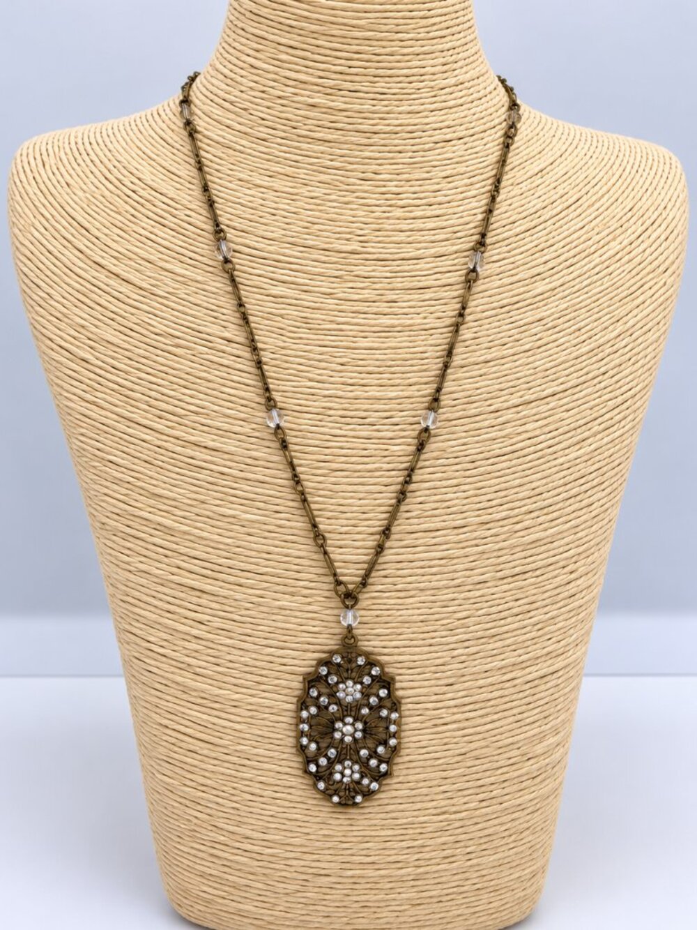 Top Shelf Vintage Style Rhinestone Filigree Pendant Necklace Antique Gold Tone